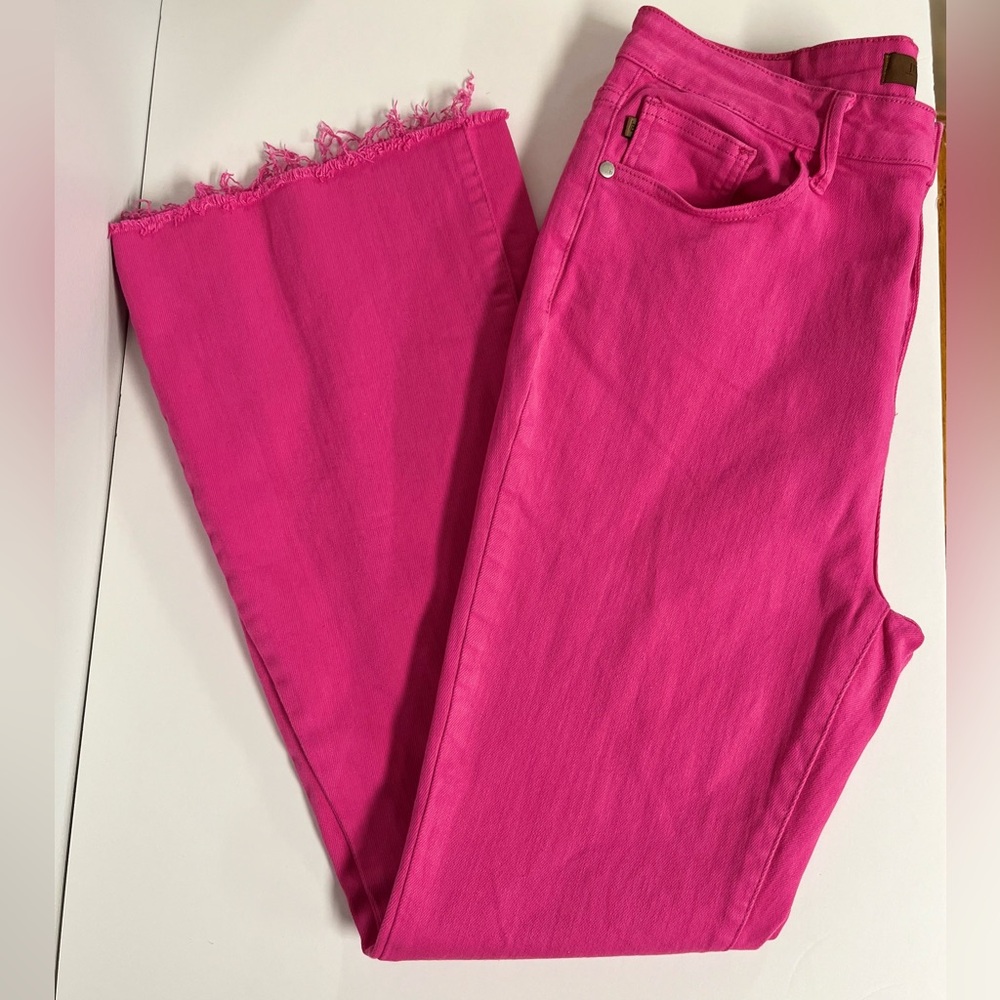 Judy Blue Pink Denim Flare Jeans with Cutoff Hem